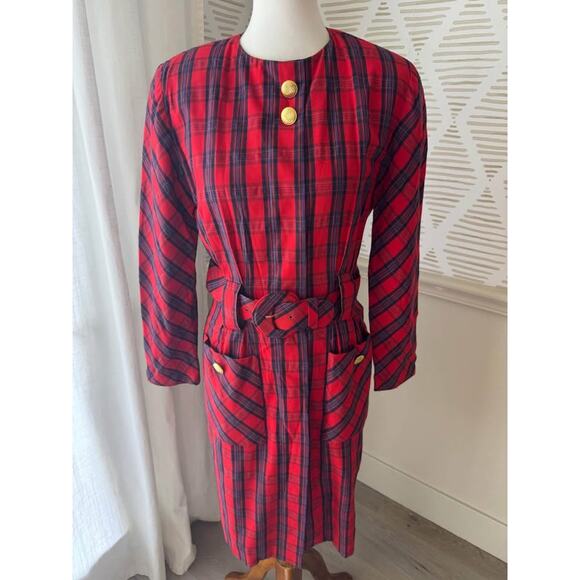 Dress Emporio Oleg Cassini Size 8 Red Plaid Vintage 80s 90s Belted Button Dress